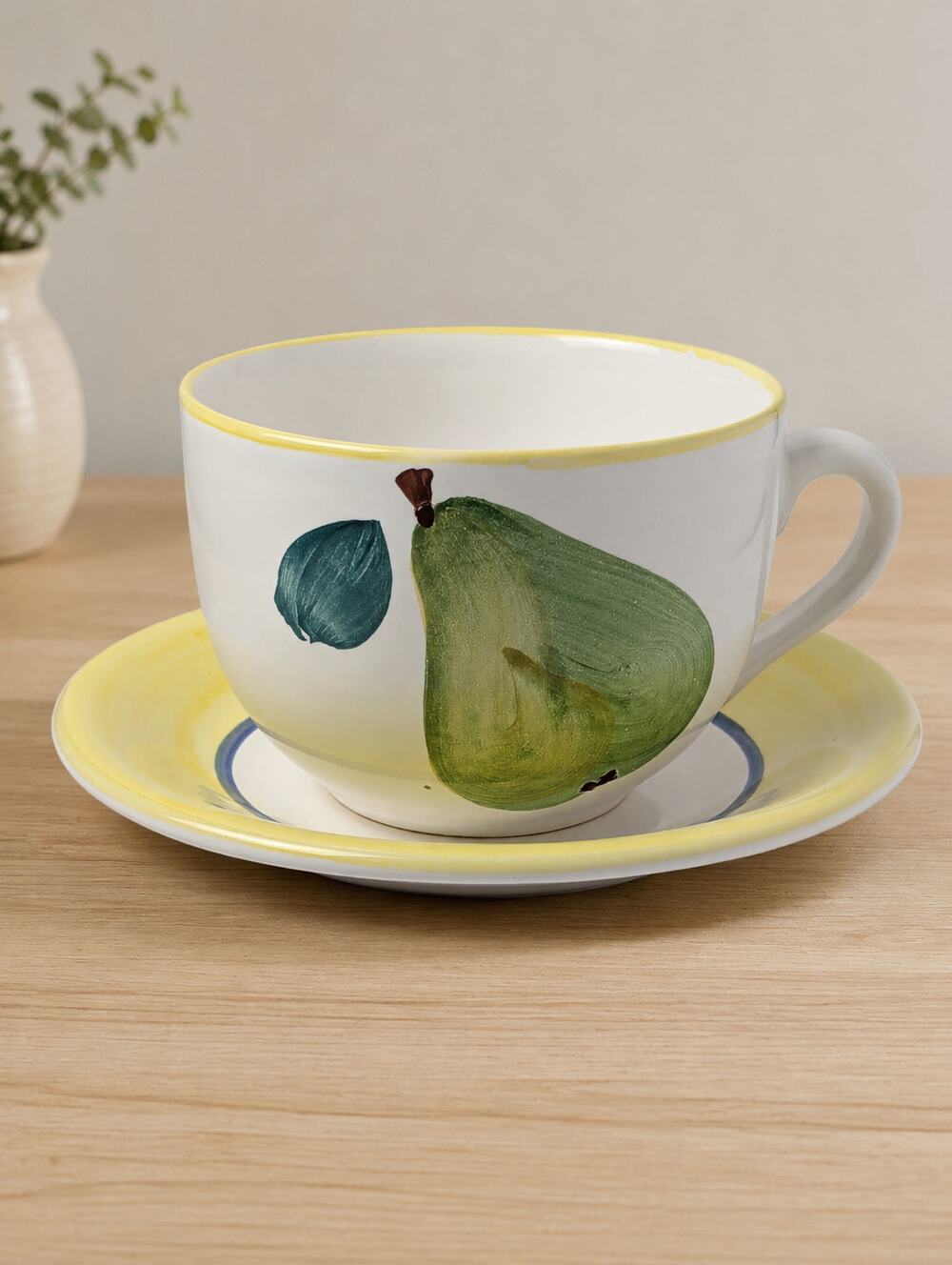 Oversized 24oz Soup Bowl Yellow-rimmed  Saucer Set Certified International Pear